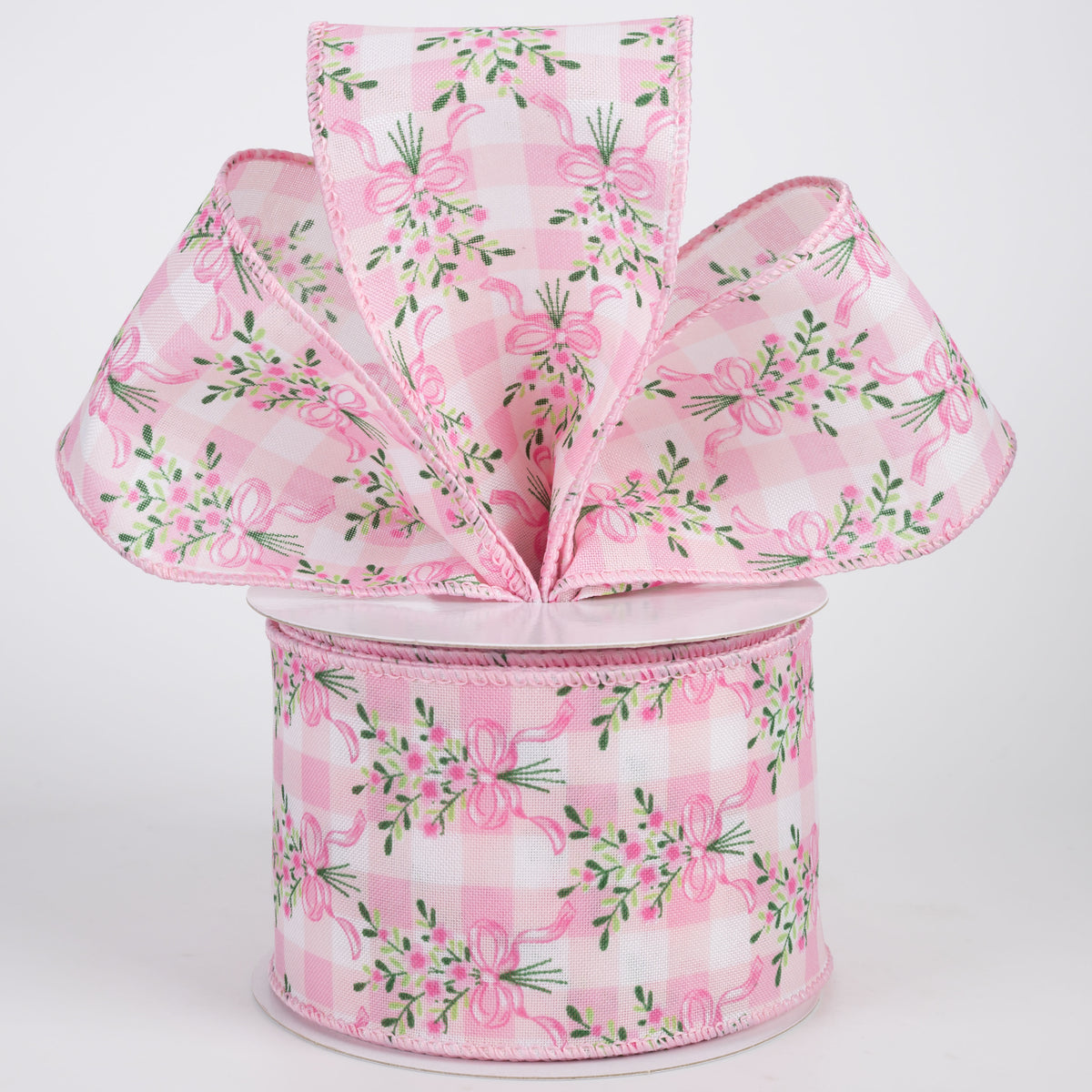 2.5" Satin Flower Bow Bouquet Ribbon: White & Pink (10 Yards)