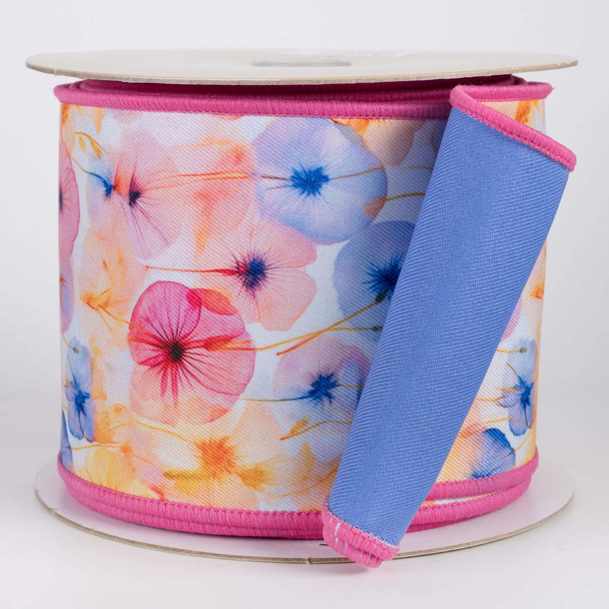 4" Double Sided Fused X-Ray Poppy Flowers Ribbon: Pink & Blue (10 Yards)