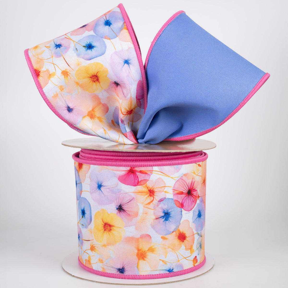4" Double Sided Fused X-Ray Poppy Flowers Ribbon: Pink & Blue (10 Yards)