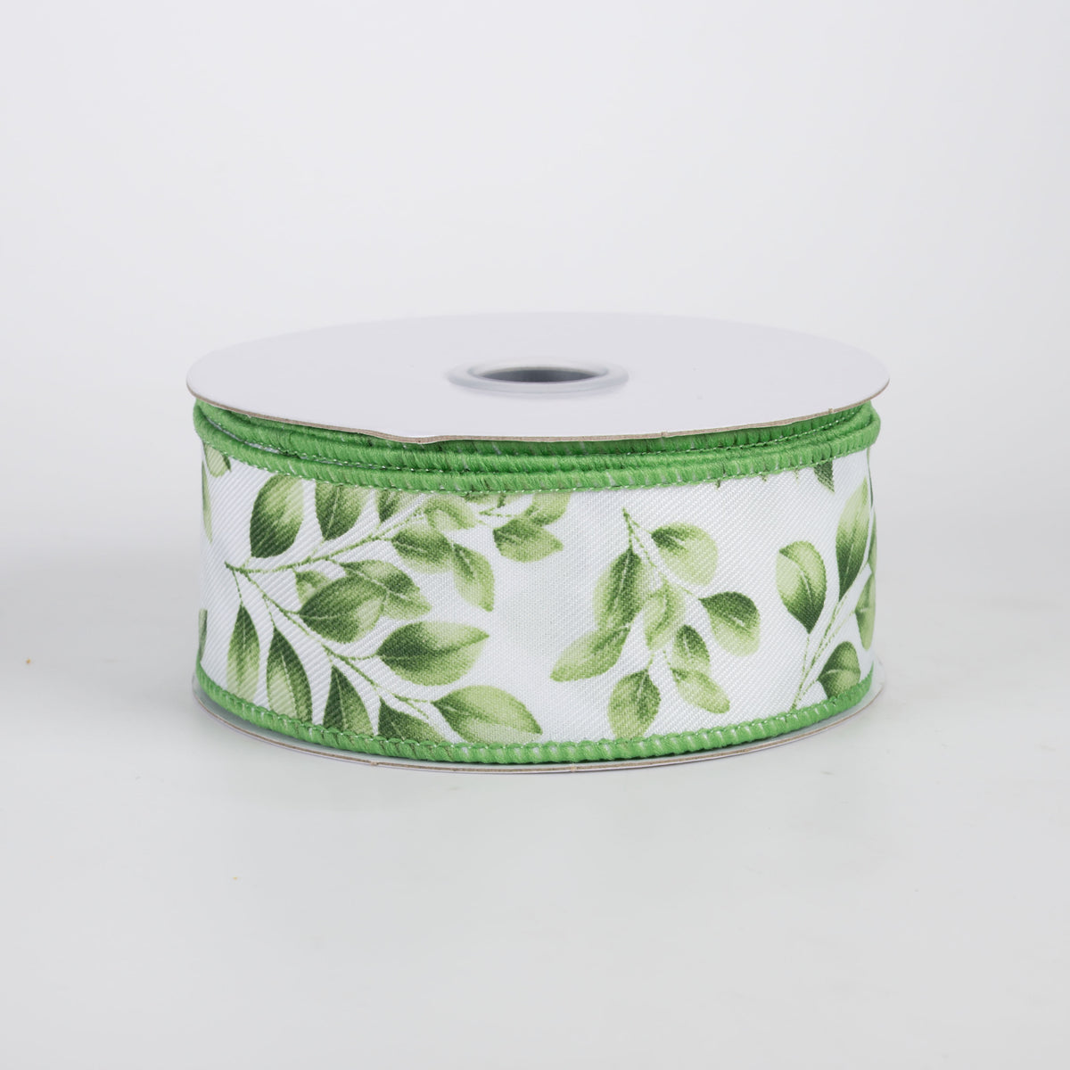 1.5" Greenery Leaves Ribbon: Greens on White (10 Yards)