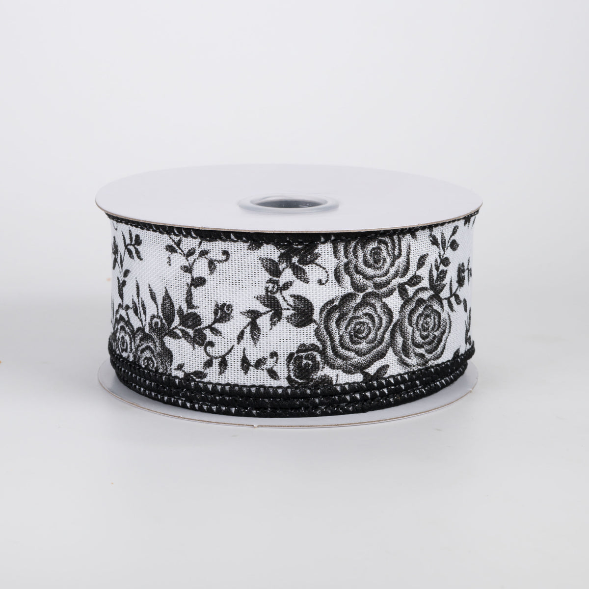1.5" Mini Roses Floral Ribbon: Black on White (10 Yards)