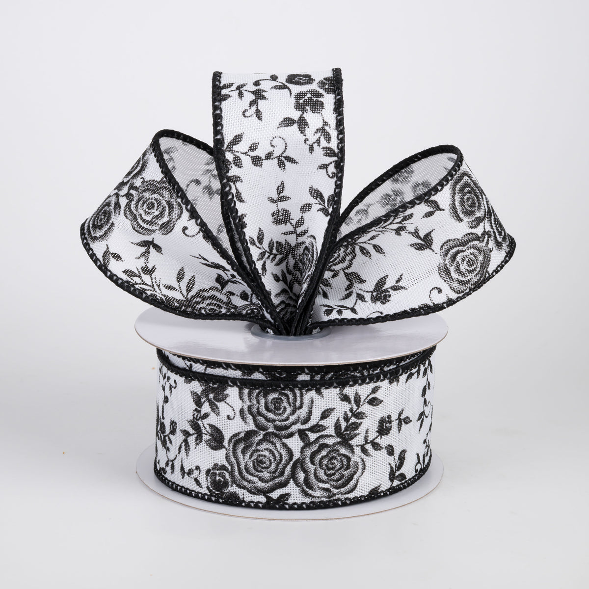 1.5" Mini Roses Floral Ribbon: Black on White (10 Yards)