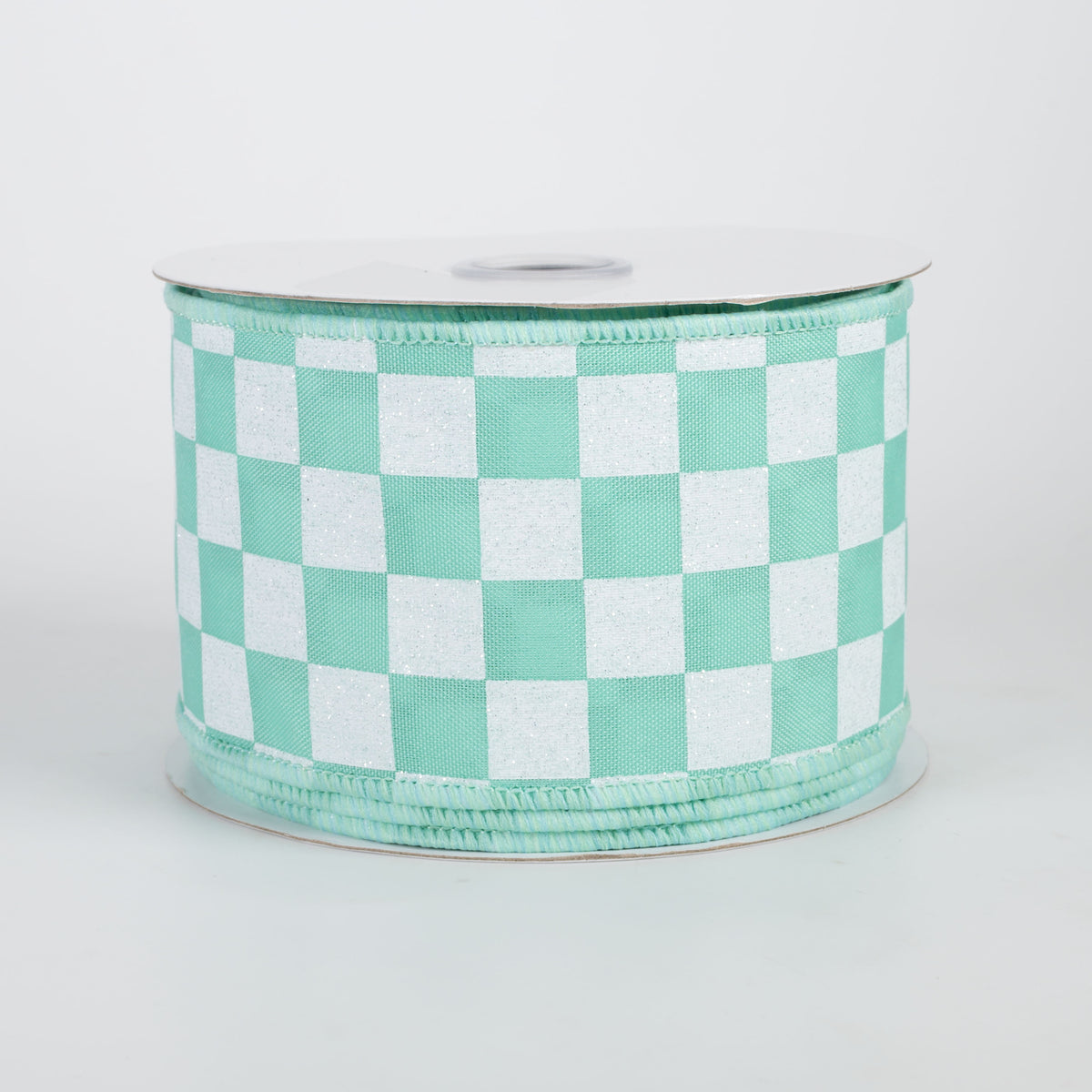 2.5" Printed Glitter Race Check Ribbon: White on Mint (10 Yards)