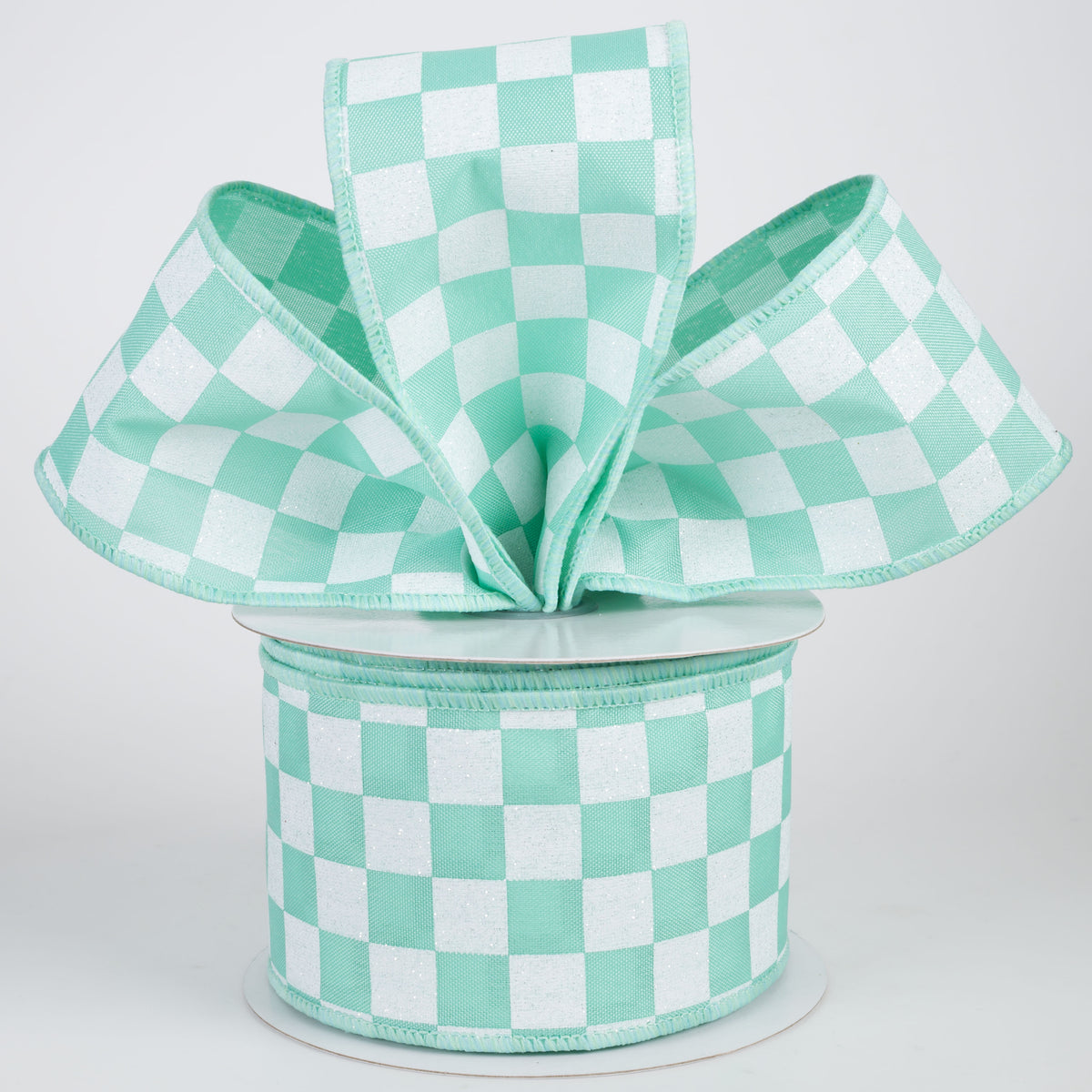 2.5" Printed Glitter Race Check Ribbon: White on Mint (10 Yards)