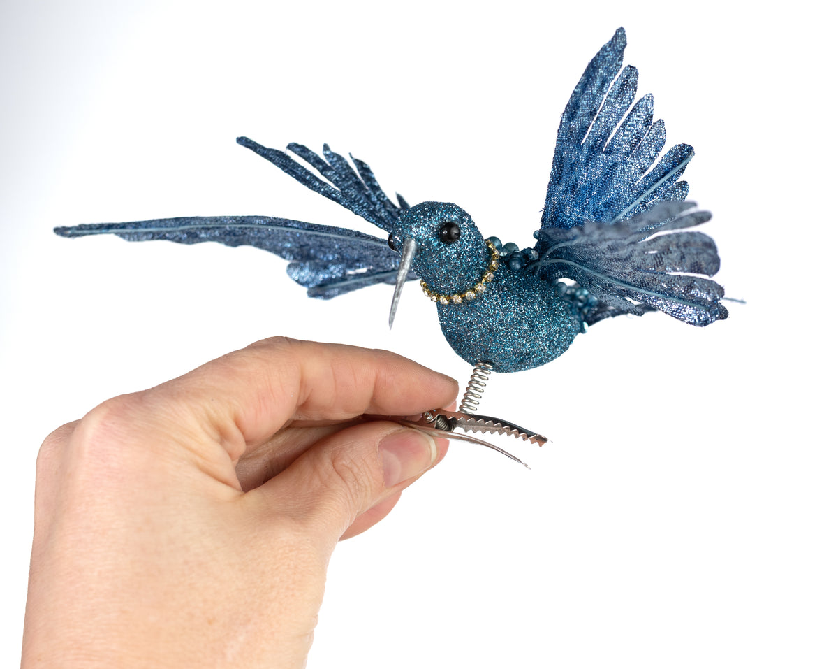 8" Glittered & Jeweled Hummingbird Clip Ornament: Smoke Blue