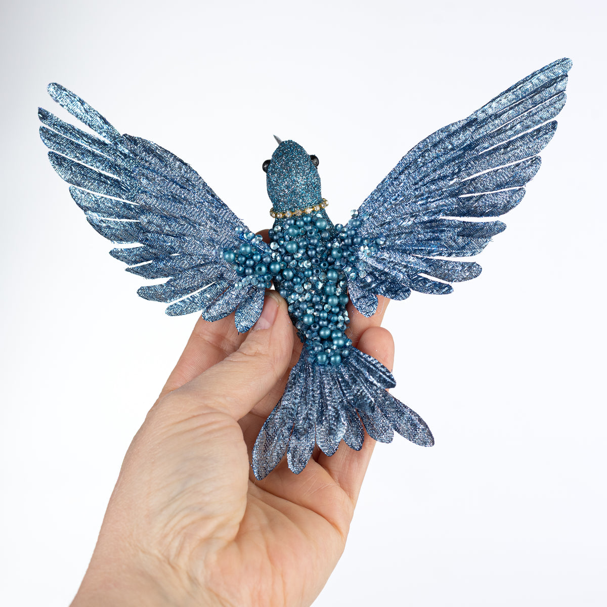 8" Glittered & Jeweled Hummingbird Clip Ornament: Smoke Blue