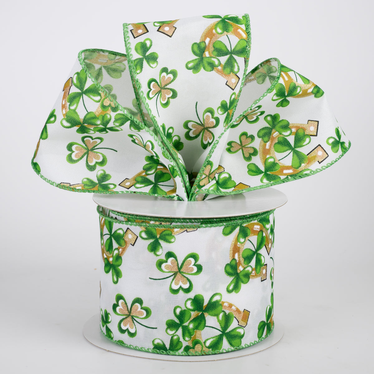 2.5" Satin Shamrocks & Horsehoes Ribbon: White (10 Yards)