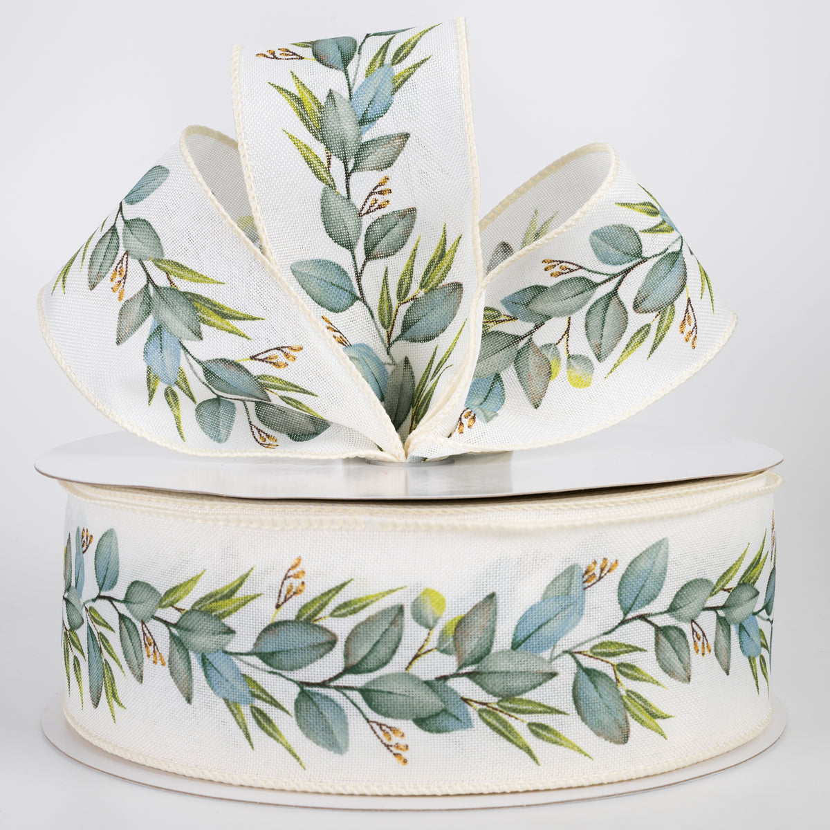 2.5" Linen Eucalyptus Garland Ribbon: Ivory (50 Yards)