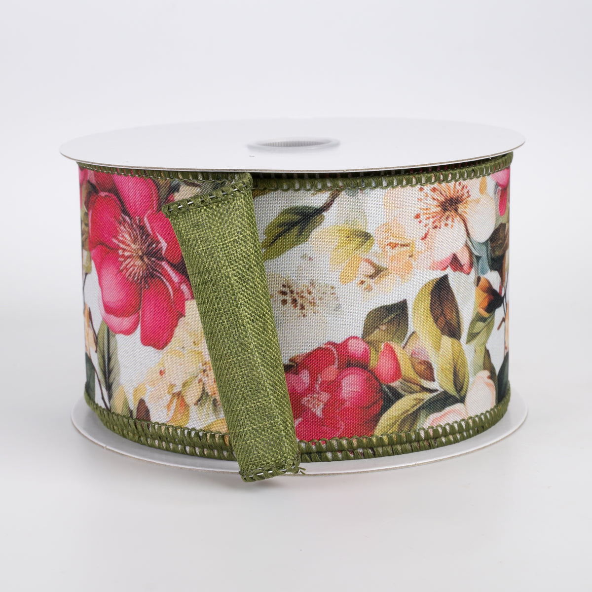 2.5" Double Sided Fused Linen Pink Magnolias Ribbon: Moss (10 Yards)