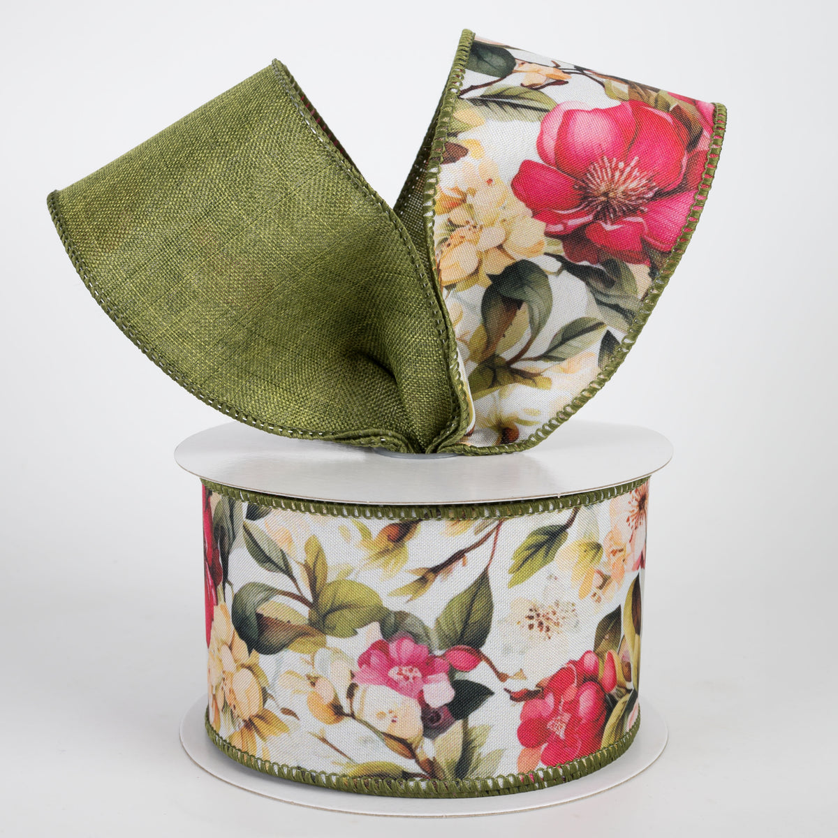 2.5" Double Sided Fused Linen Pink Magnolias Ribbon: Moss (10 Yards)