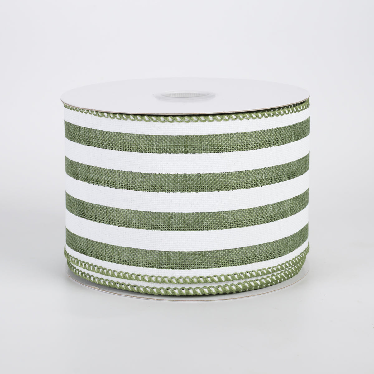 2.5" Linen Wide Cabana Stripes Ribbon: Fern Green & White (10 Yards)