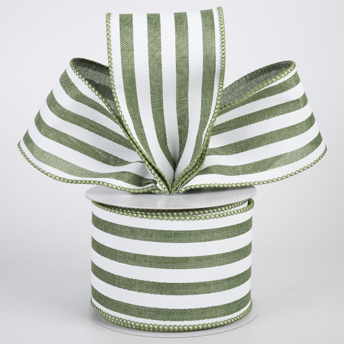 2.5" Linen Wide Cabana Stripes Ribbon: Fern Green & White (10 Yards)