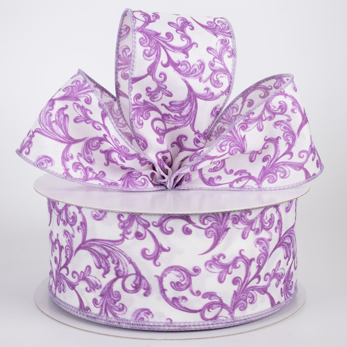 2.5" Satin Chinoiserie Swirls Ribbon: Lavender on White (50 Yards)