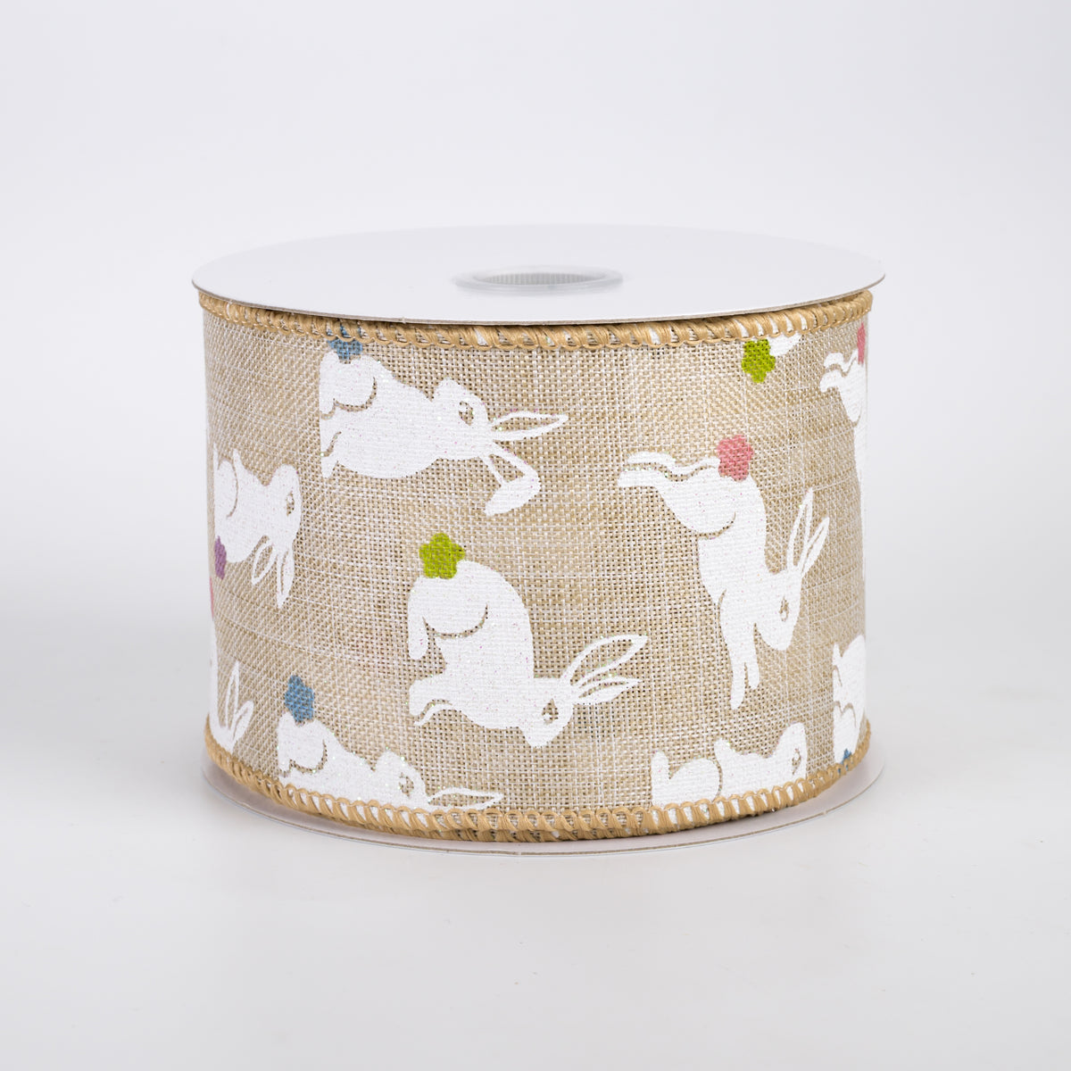 2.5" Linen Glittered Jumping Bunnies Ribbon: Natural (10 Yards)