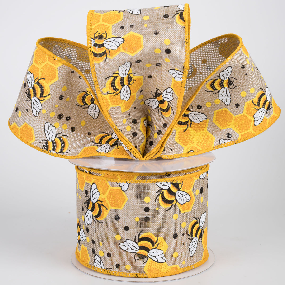 2.5" Bumblebees & Honeycomb Ribbon: Natural (10 Yards)