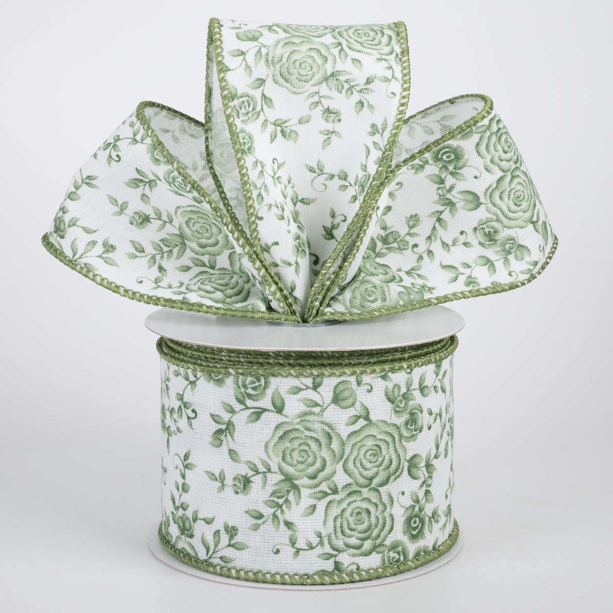 2.5" Muslin Linen Ombre Roses Ribbon: Sage on White (10 Yards)