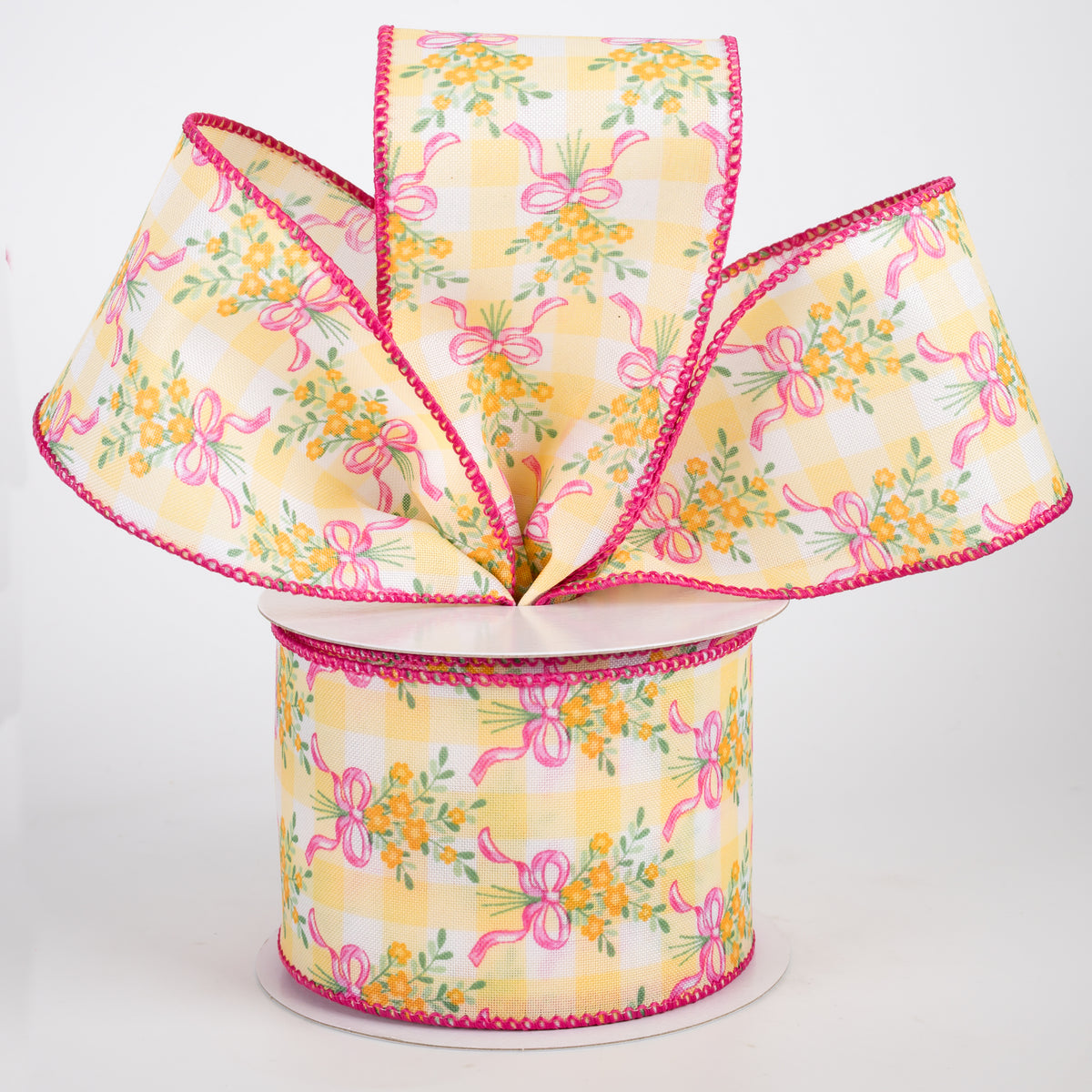 2.5" Satin Flower Bow Bouquet Ribbon: White & Yellow (10 Yards)