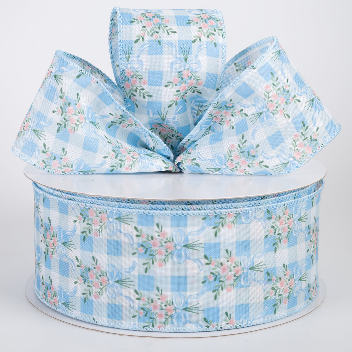2.5" Satin Flower Bow Bouquet Ribbon: White & Blue (50 Yards)