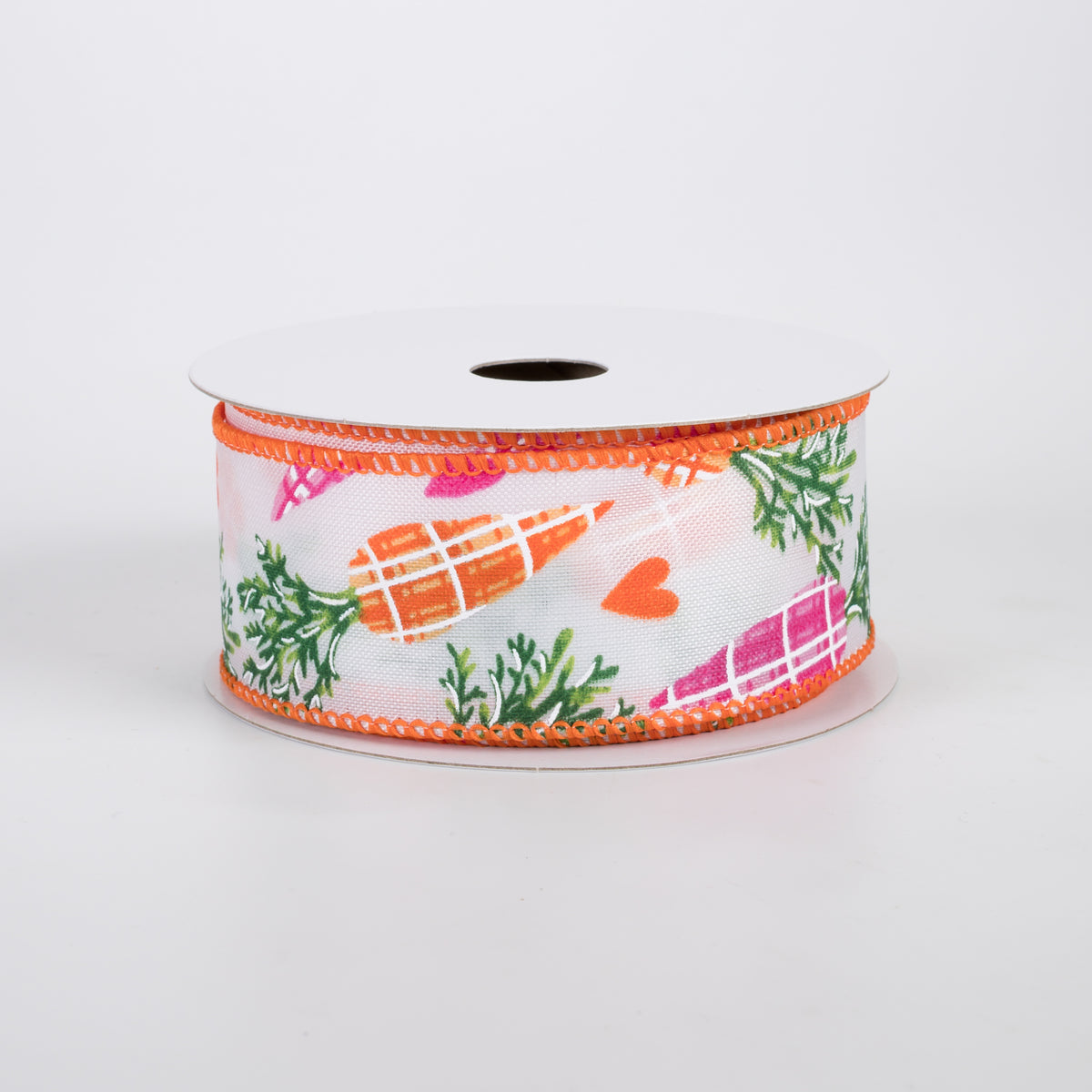 1.5" Satin Pink & Orange Plaid Carrots Ribbon: White (10 Yards)