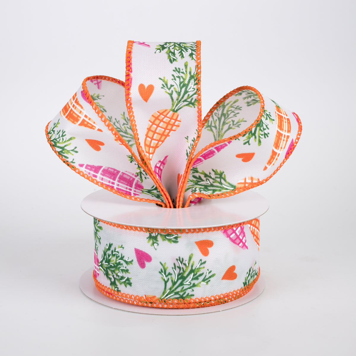 1.5" Satin Pink & Orange Plaid Carrots Ribbon: White (10 Yards)