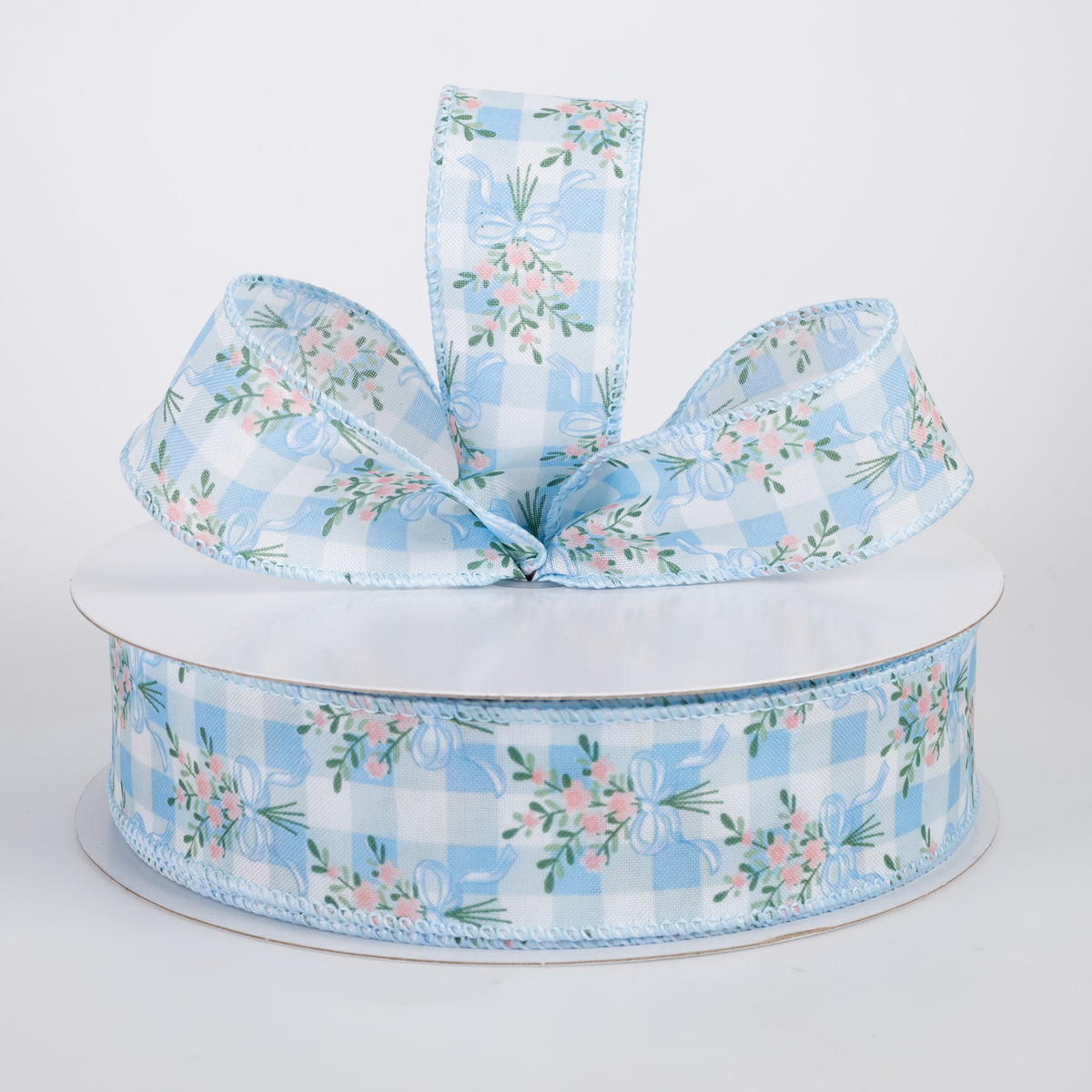 1.5" Satin Flower Bow Bouquet Ribbon: White & Blue (50 Yards)