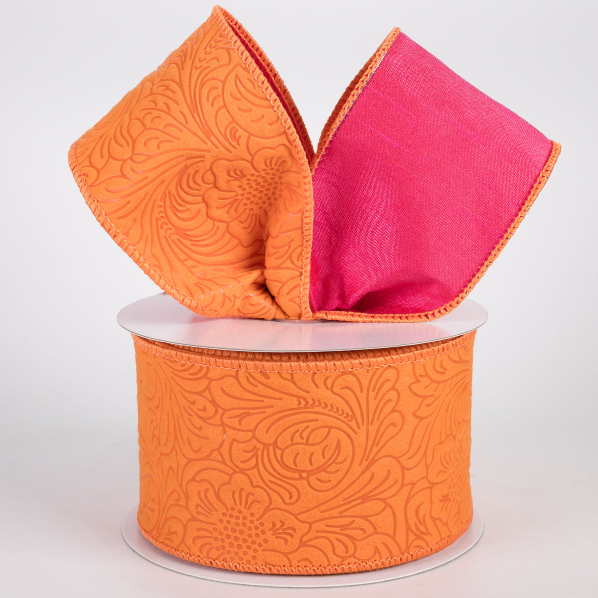 2.5" Double Sided Flower Breeze & Dupioni Ribbon: Orange & Fuchsia (10 Yards)