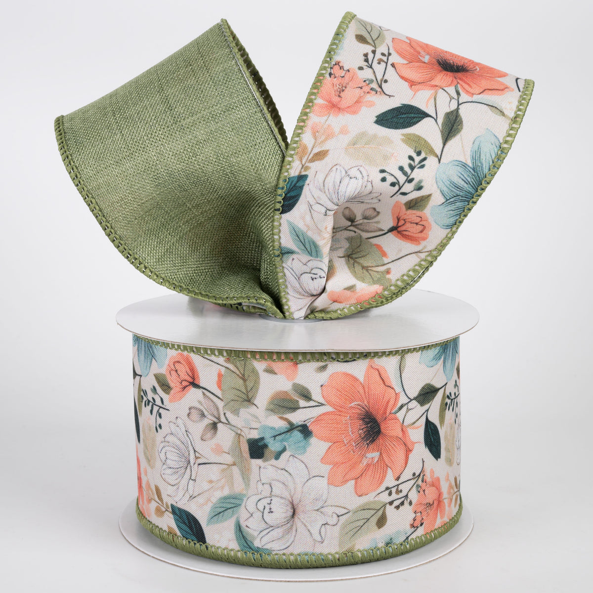2.5" Double Sided Fused Dainty Flowers Ribbon: Sage Green (10 Yards)