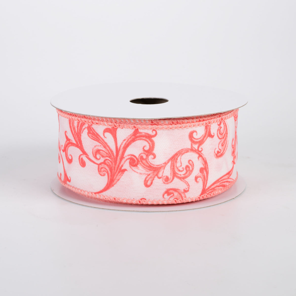 1.5" Satin Chinoiserie Swirls Ribbon: Coral on White (10 Yards)