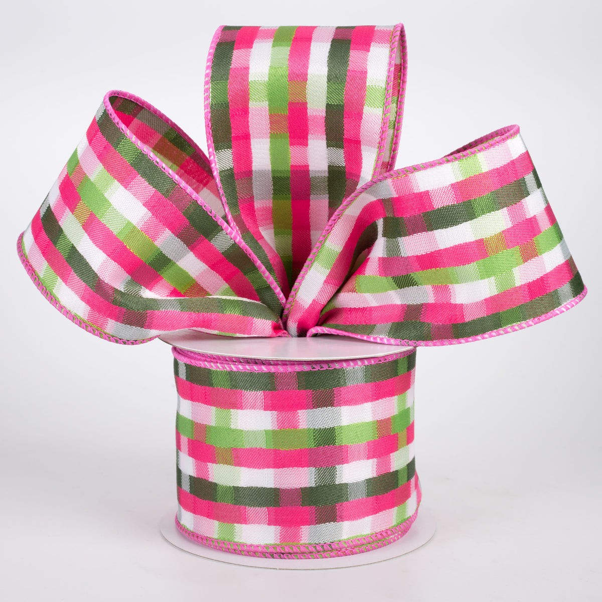 2.5" Mosaic Plaid Ribbon: Fuchsia, Lime, Moss & White (10 Yards)