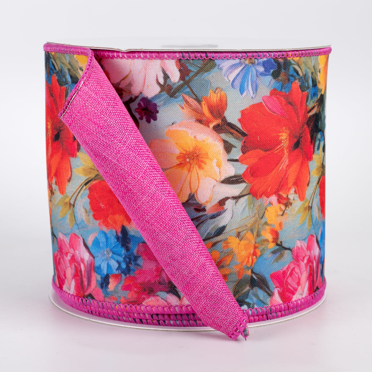 4" Double Sided Fused Oil Painting Flowers Ribbon: Fuchsia Pink (10 Yards)