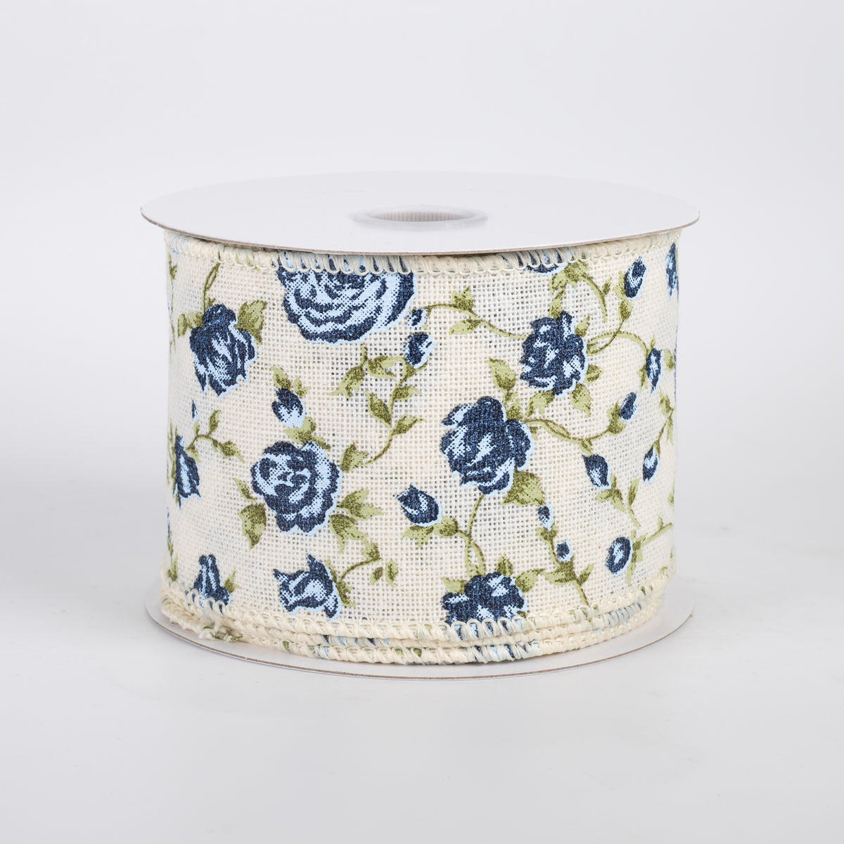 2.5" Canvas Blue Chintz Roses Ribbon: Ivory (10 Yards)