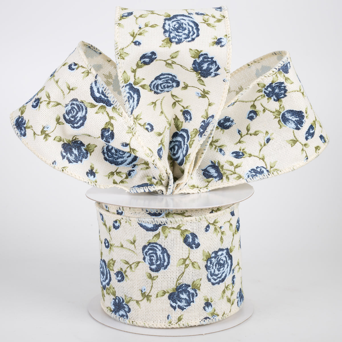 2.5" Canvas Blue Chintz Roses Ribbon: Ivory (10 Yards)