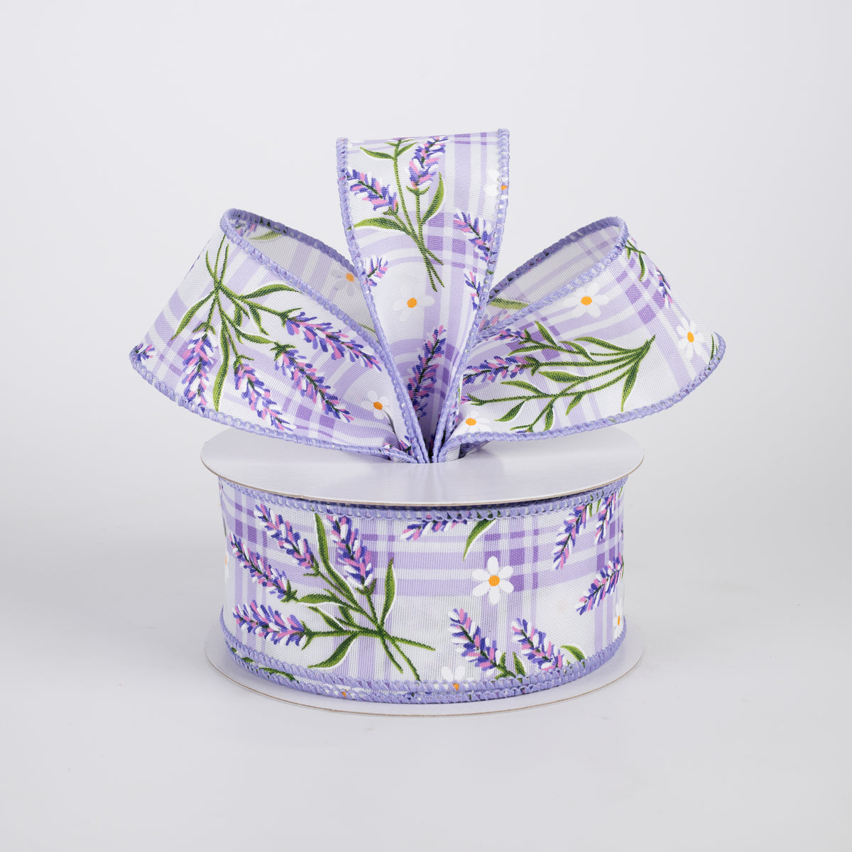 1.5" Satin Lavender Flowers on Plaid Ribbon: Purple (10 Yards)