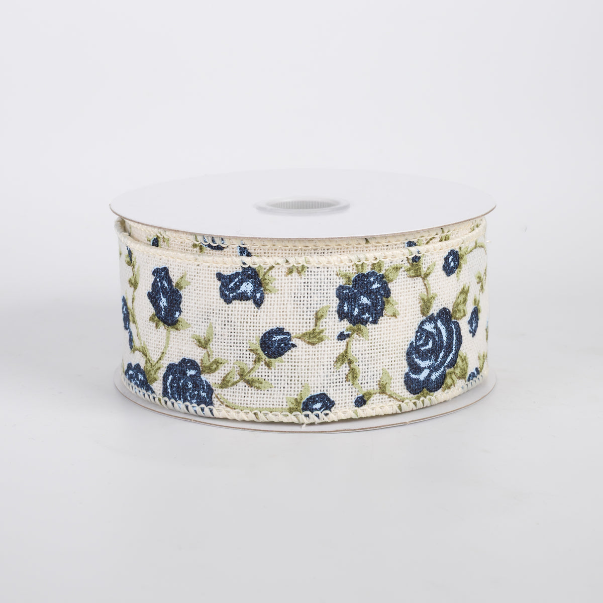 1.5" Canvas Blue Chintz Roses Ribbon: Ivory (10 Yards)