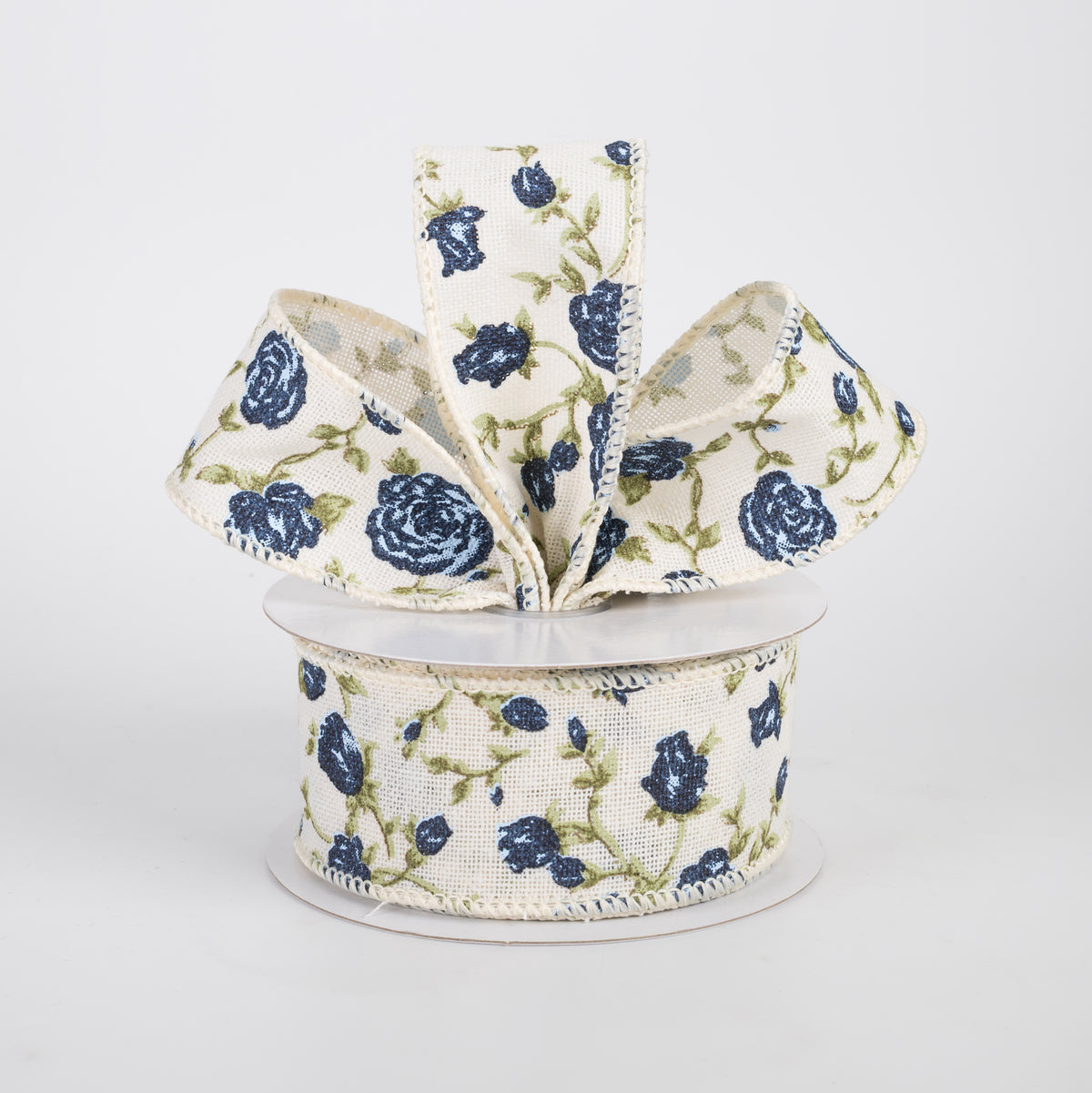 1.5" Canvas Blue Chintz Roses Ribbon: Ivory (10 Yards)