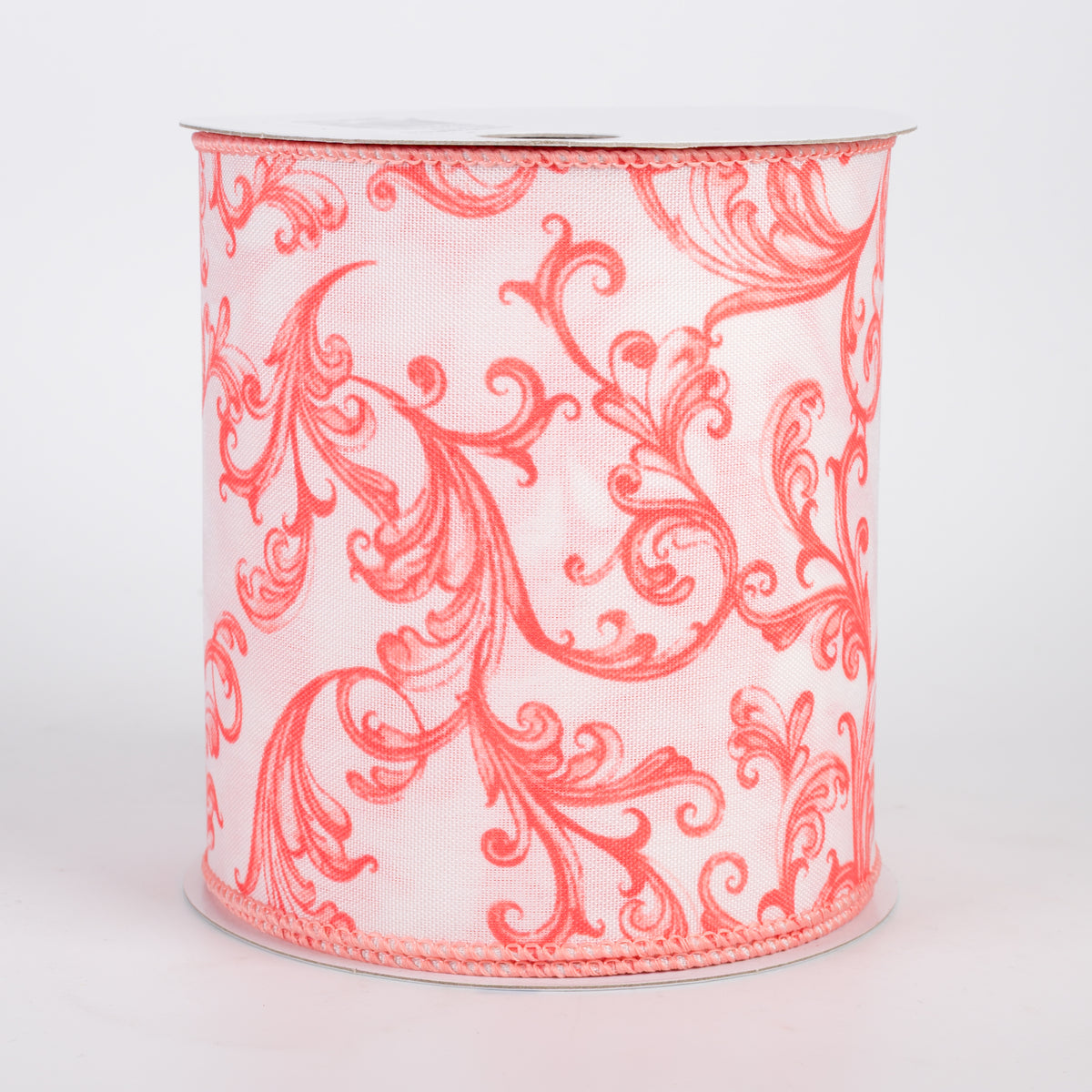 4" Satin Chinoiserie Swirls Ribbon: Coral on White (10 Yards)