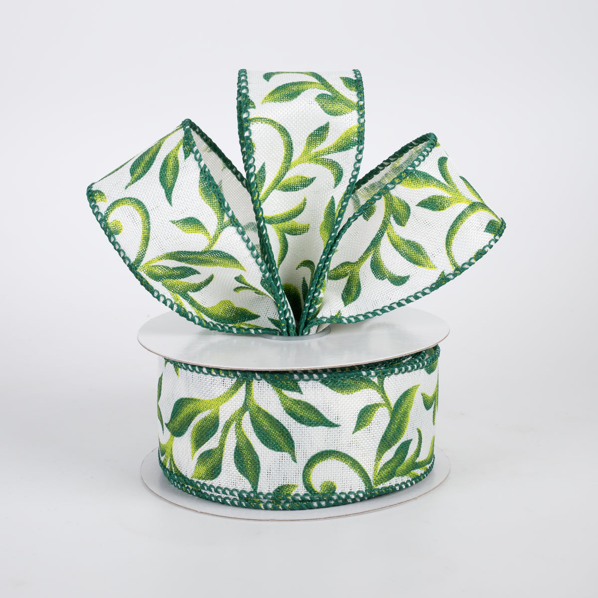 1.5" Linen Shaded Evergreen Vines Ribbon: Ivory (10 Yards)