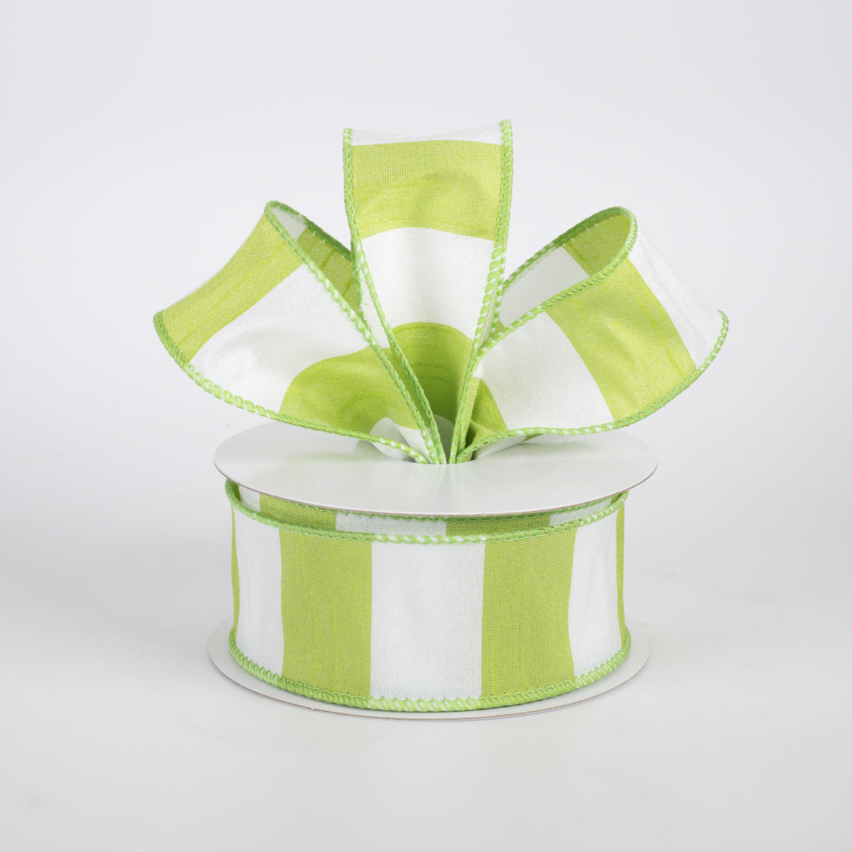1.5" Dupioni Horizontal Stripes Ribbon: Lime & White (10 Yards)