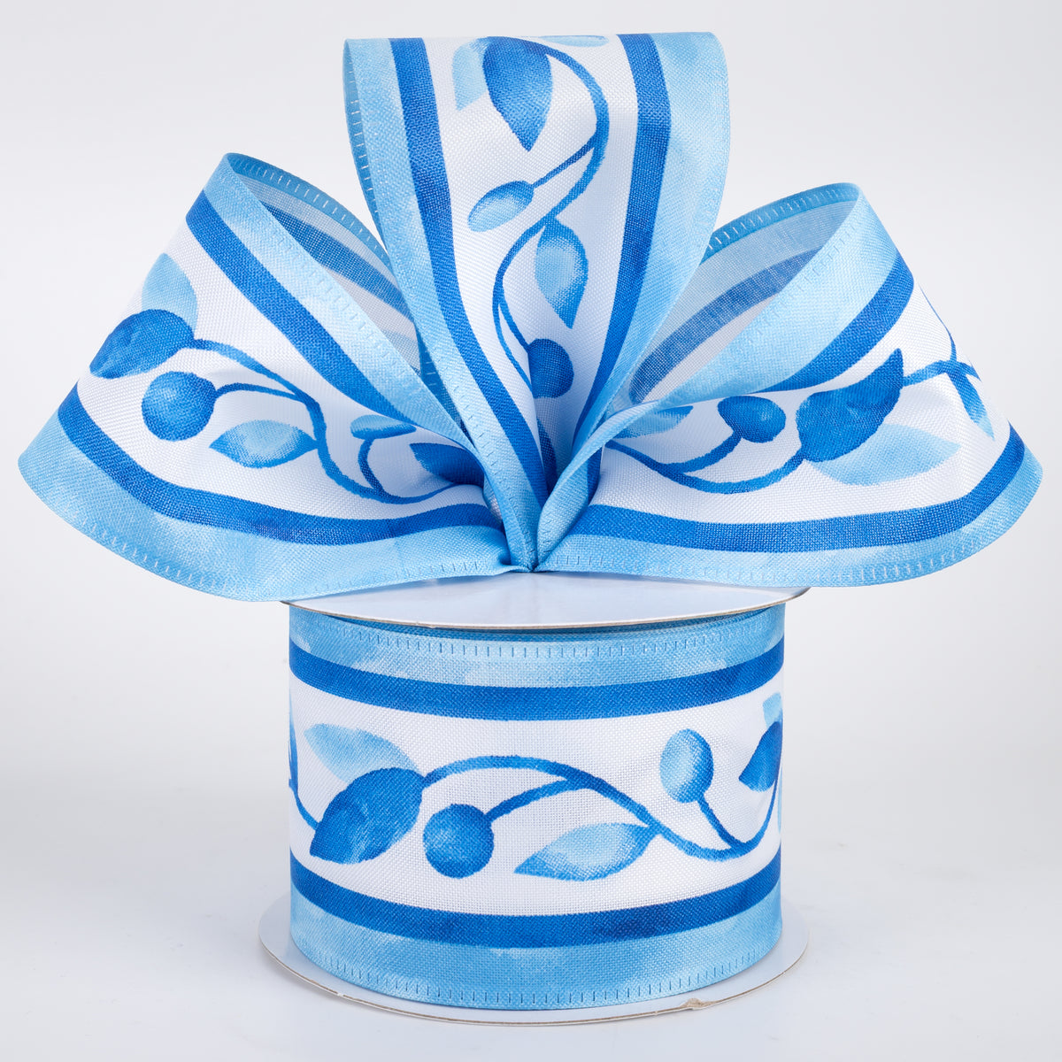 2.5" Watercolor Vine Stripes Ribbon: Blue & Aqua (10 Yards)