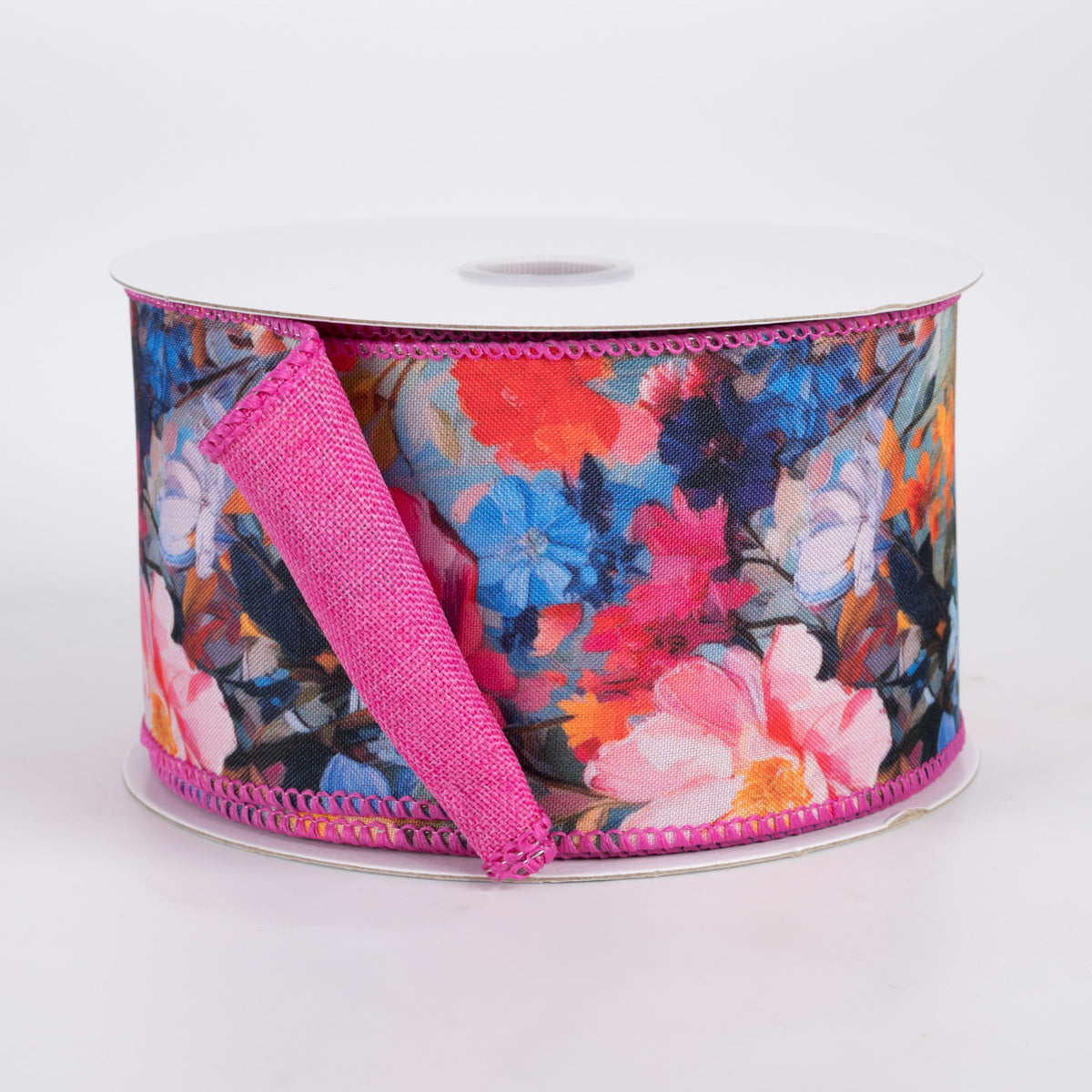 2.5" Double Sided Fused Oil Painting Flowers Ribbon: Fuchsia Pink (10 Yards)
