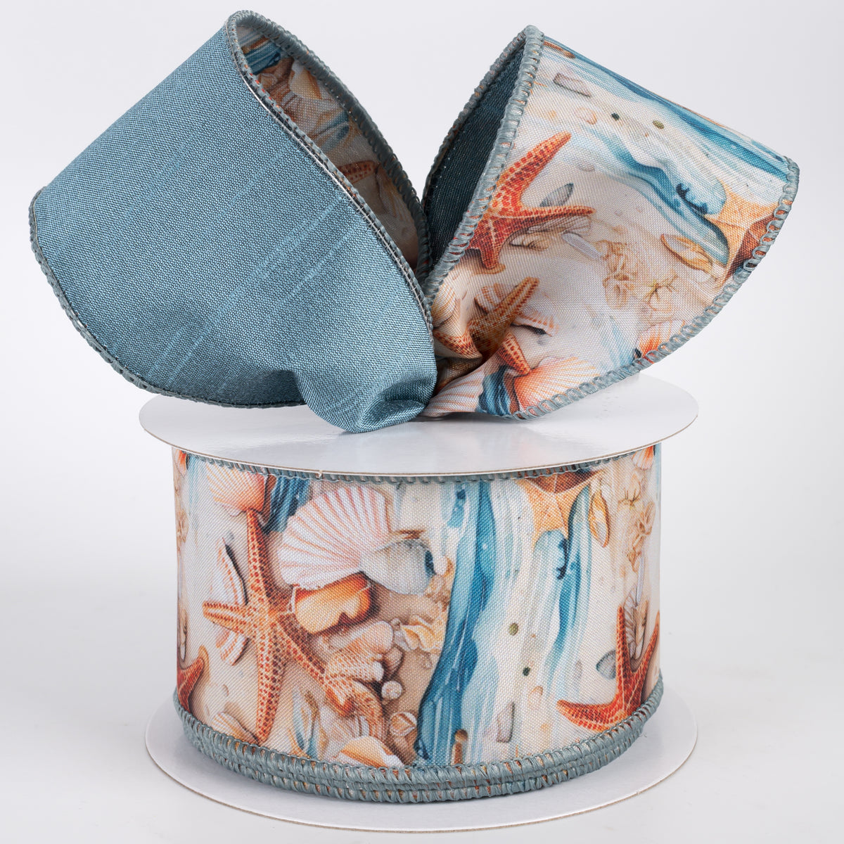 2.5" Double Sided Fused Shells & Starfish Ribbon: Dusty Blue (10 Yards)