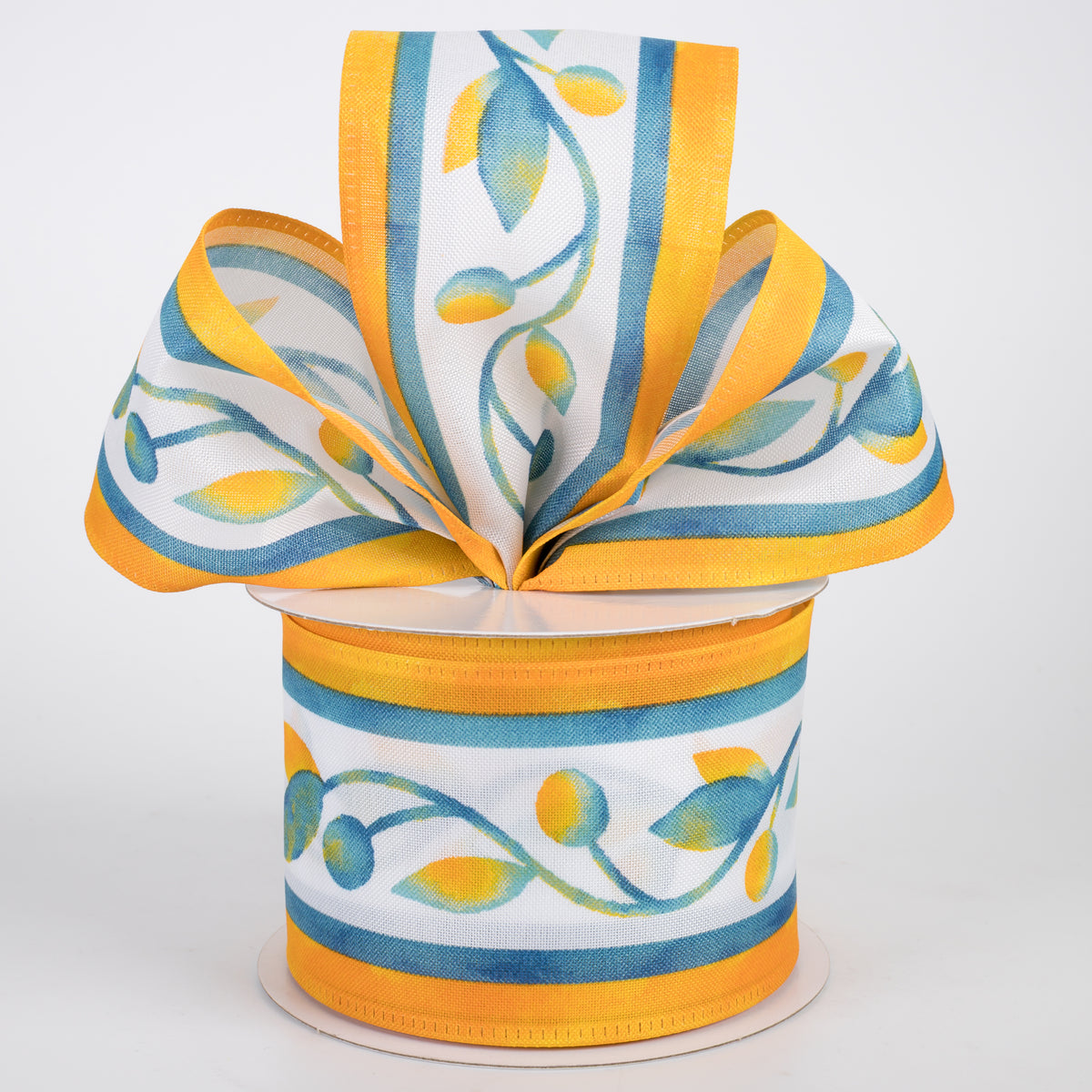 2.5" Watercolor Vine Stripes Ribbon: Blue & Goldenrod (10 Yards)