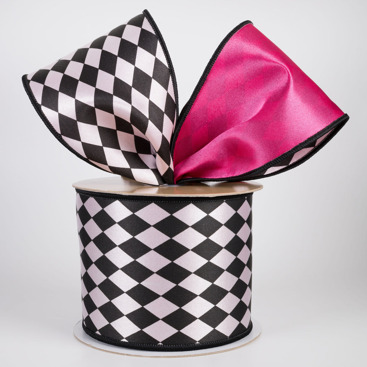 4" Double Sided Fused Harlequin Ribbon: Hot Pink, Black & White (10 Yards)