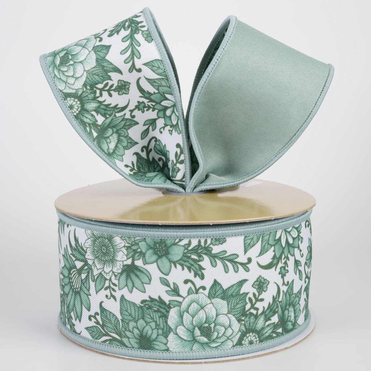 2.5" Double Sided Fused Chinoiserie Floral Ribbon: White & Sage Green (10 Yards)