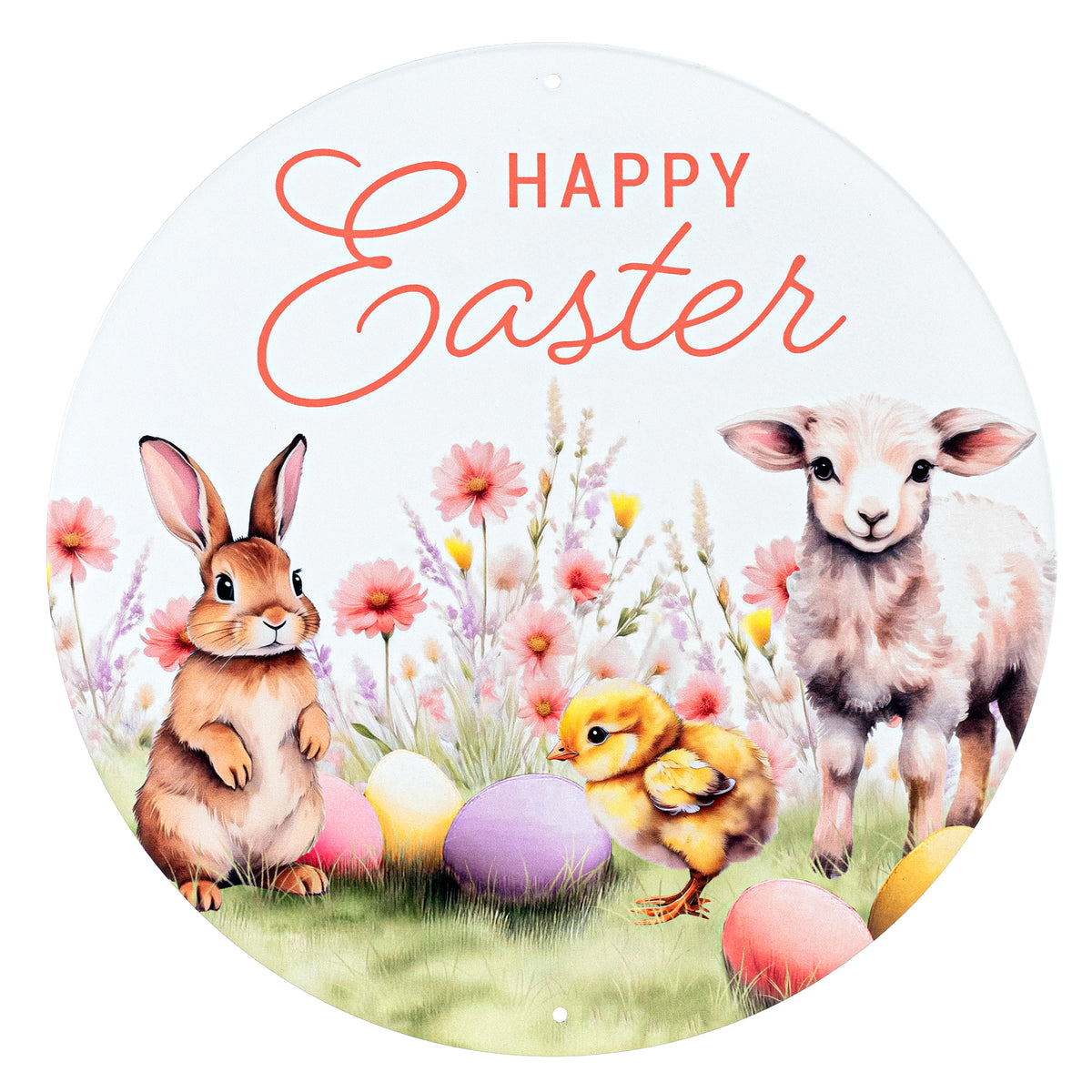 12" Round Metal Sign: Happy Easter Bunny, Lamb & Chick