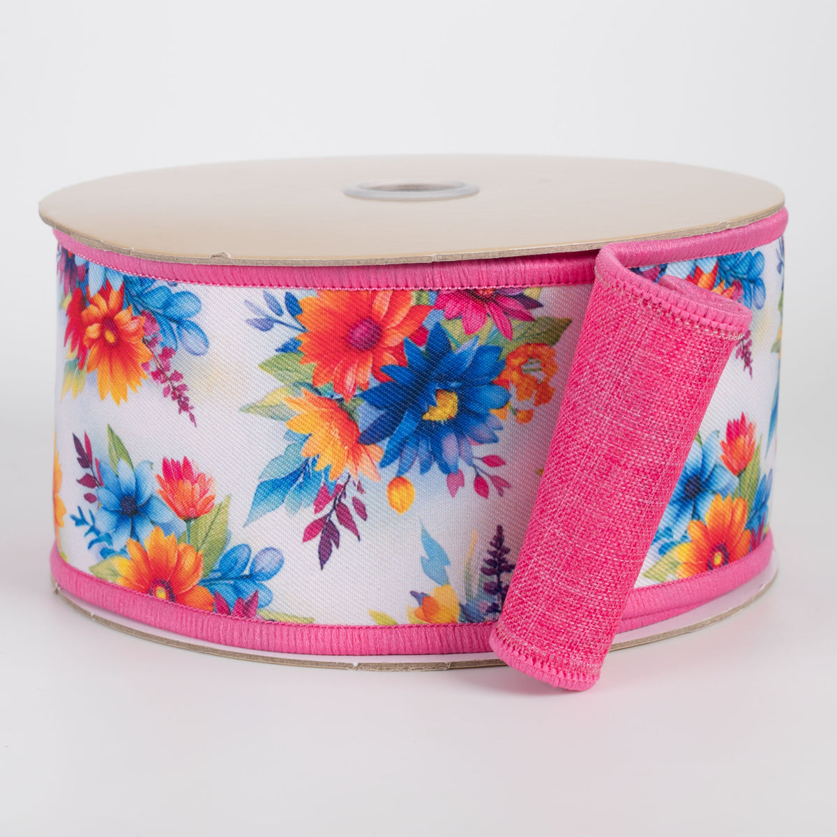 2.5" Double Sided Fused Bright Flowers Ribbon: Hot Pink (10 Yards)