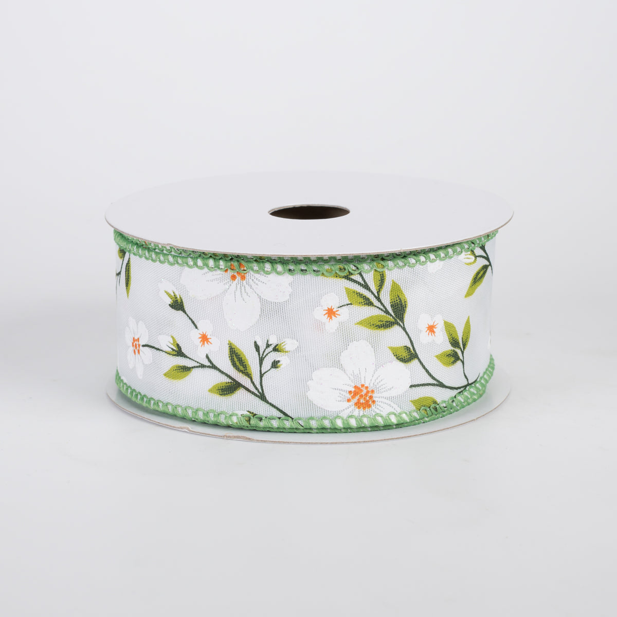 1.5" Satin Flaxseed Flowers Ribbon: White (10 Yards)