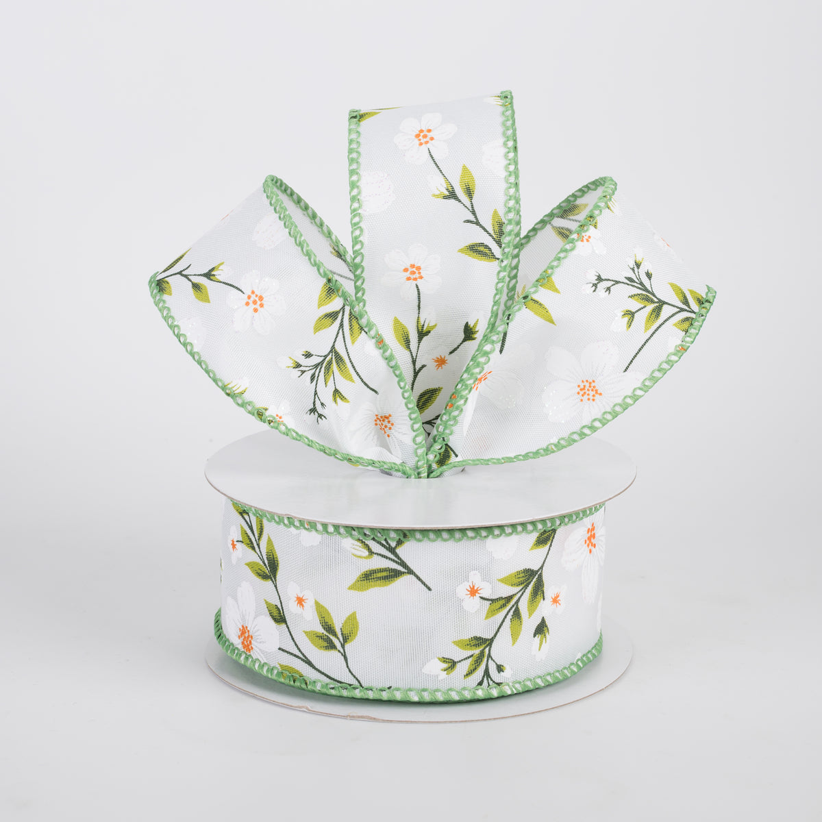 1.5" Satin Flaxseed Flowers Ribbon: White (10 Yards)