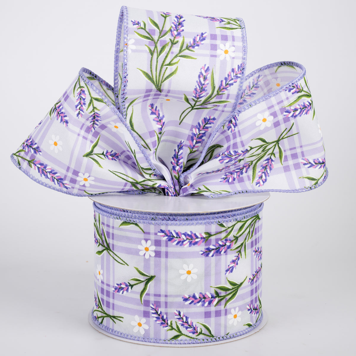 2.5" Satin Lavender Flowers on Plaid Ribbon: Purple (10 Yards)