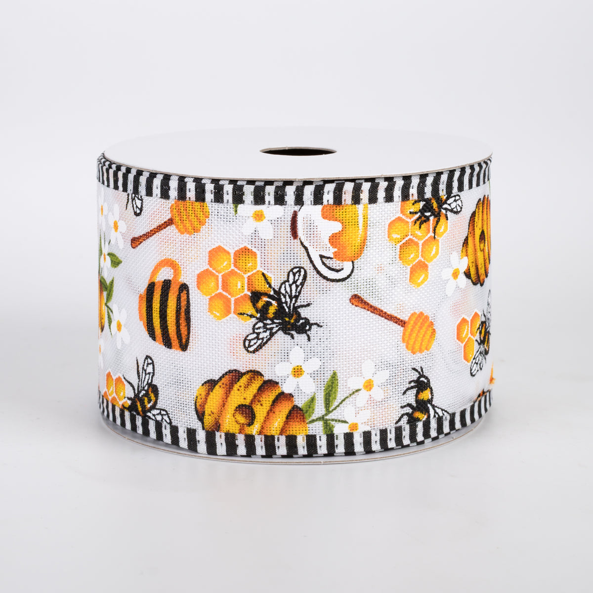 2.5" Linen Bees & Honey B&W Stripe Edge Ribbon: White (10 Yards)